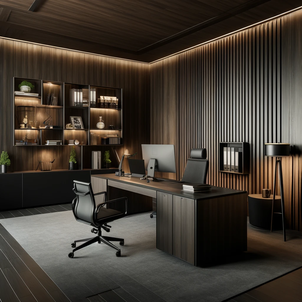 image depicting an elegant office space with dark wood prefabricated panels. You can view and download the image above