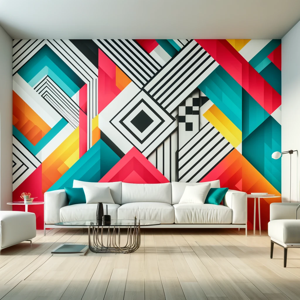 image for the second product, featuring a vibrant, modern living space with bold, geometric peel-and-stick wallpaper. You can view and download the image by clicking on it above.