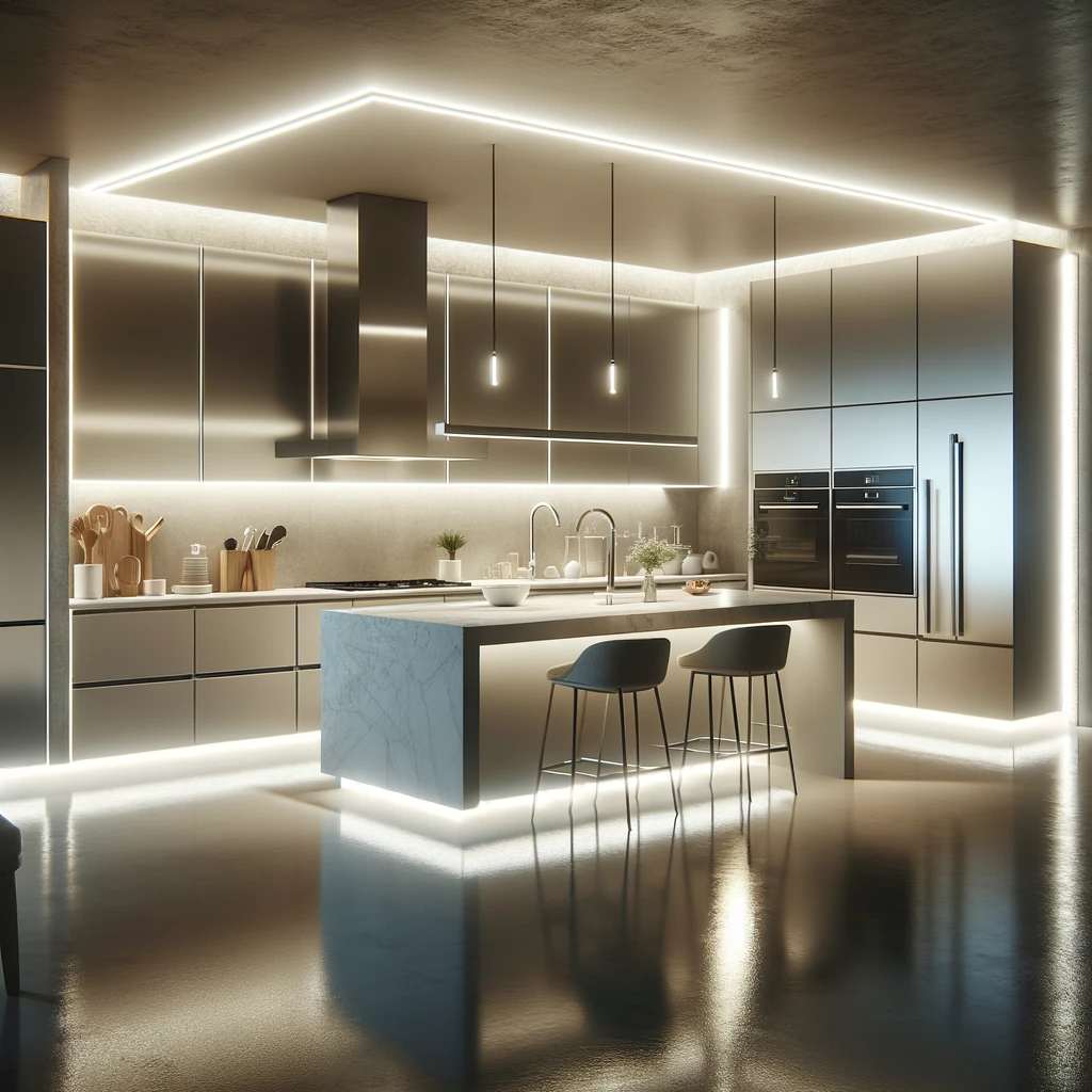  image showcasing a modern kitchen enhanced with sleek LED strip lighting. You can view and download the image above