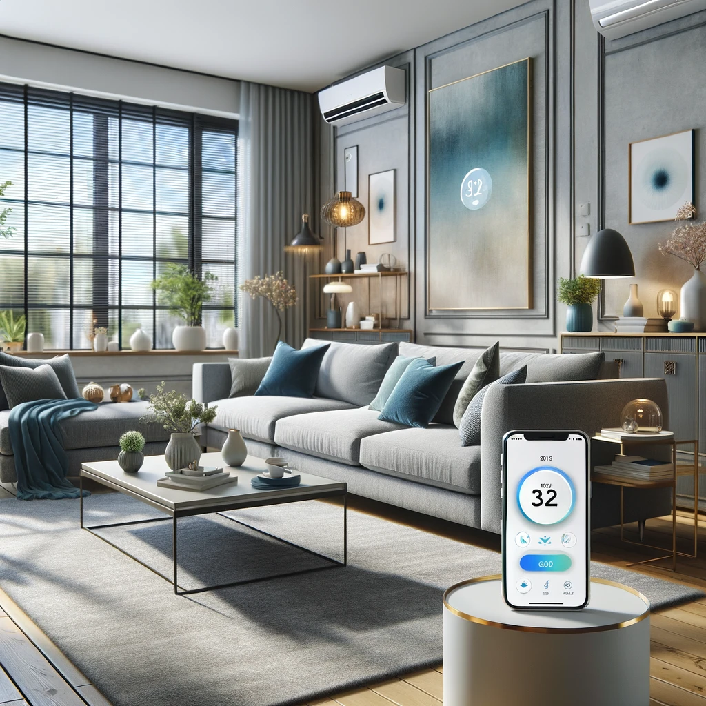  image of a living room equipped with smart home devices, showcasing a smart thermostat and smart blinds. You can view and download the image above.